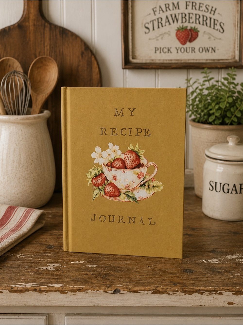 Hand painted-My Recipe Journal - Mustard Yellow Strawberry Cover